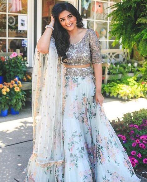 White organza flower printed ceremonial lehenga choli