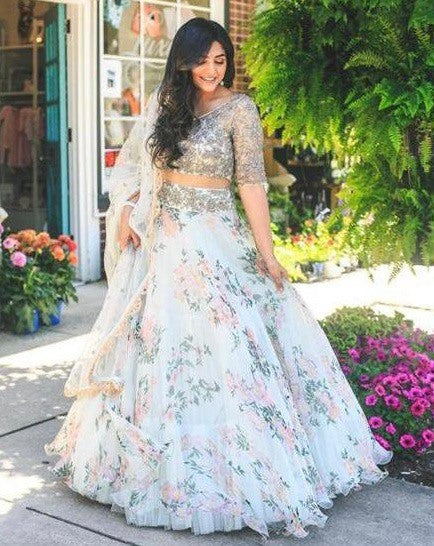 White organza flower printed ceremonial lehenga choli