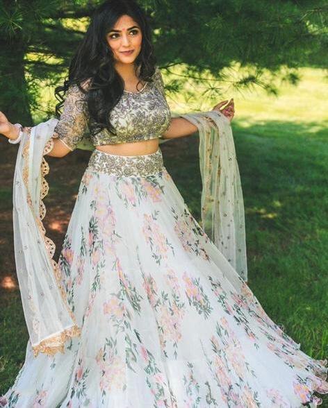 White organza flower printed ceremonial lehenga choli