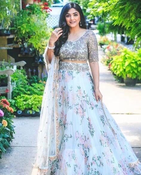 White organza flower printed ceremonial lehenga choli