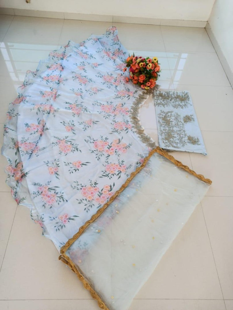 White organza flower printed ceremonial lehenga choli