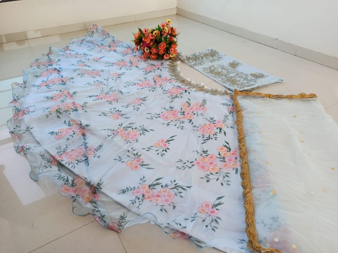 White organza flower printed ceremonial lehenga choli