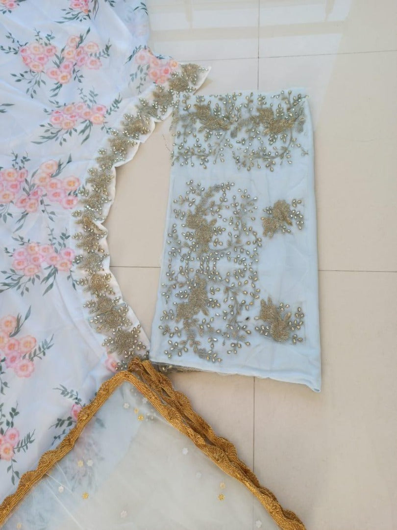 White organza flower printed ceremonial lehenga choli