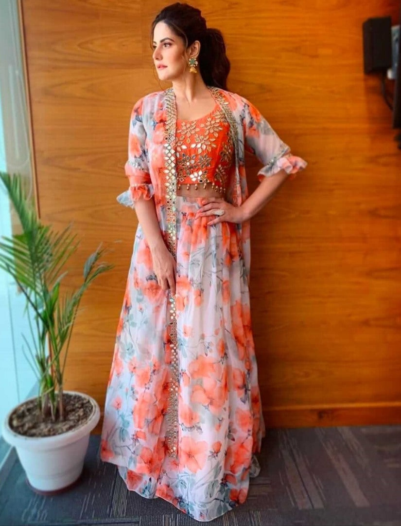 White organza flower printed indowestern lehenga with shrug