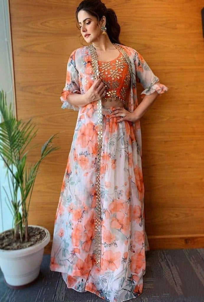 White organza flower printed indowestern lehenga with shrug