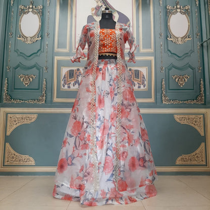 White organza flower printed indowestern lehenga with shrug