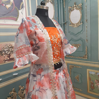 White organza flower printed indowestern lehenga with shrug