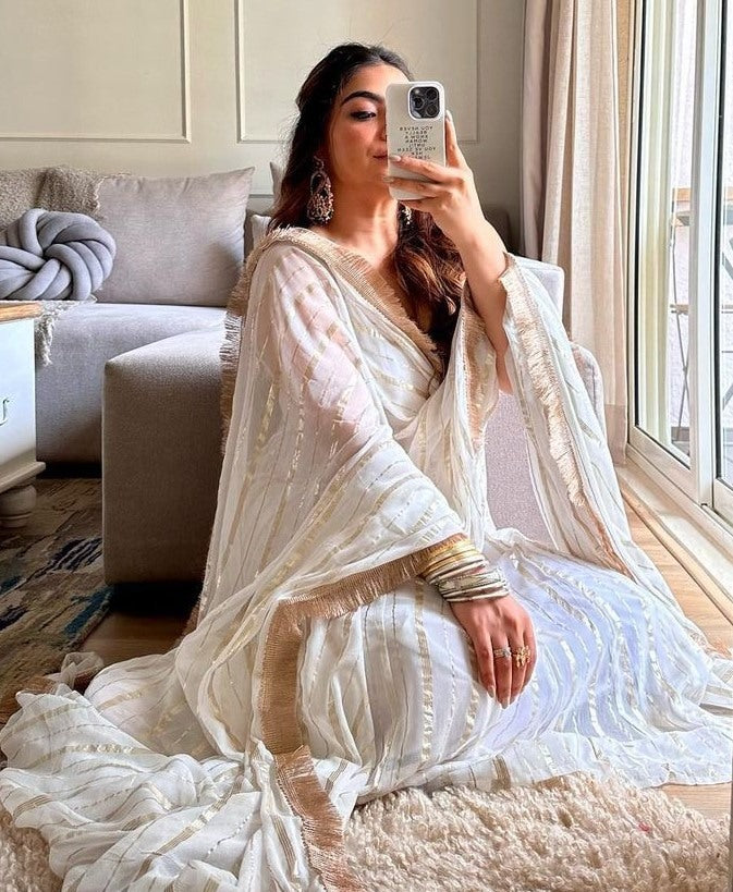 White organza foil work anarkali suit