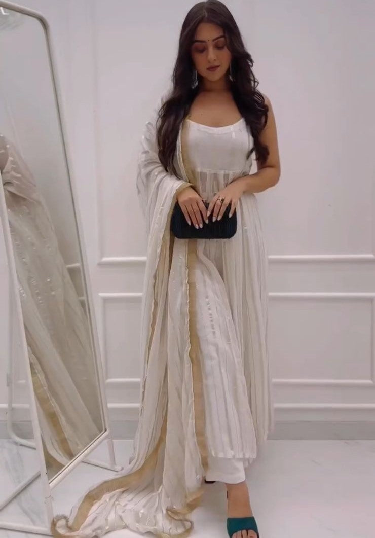 White organza foil work anarkali suit