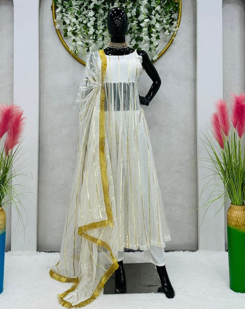 White organza foil work anarkali suit