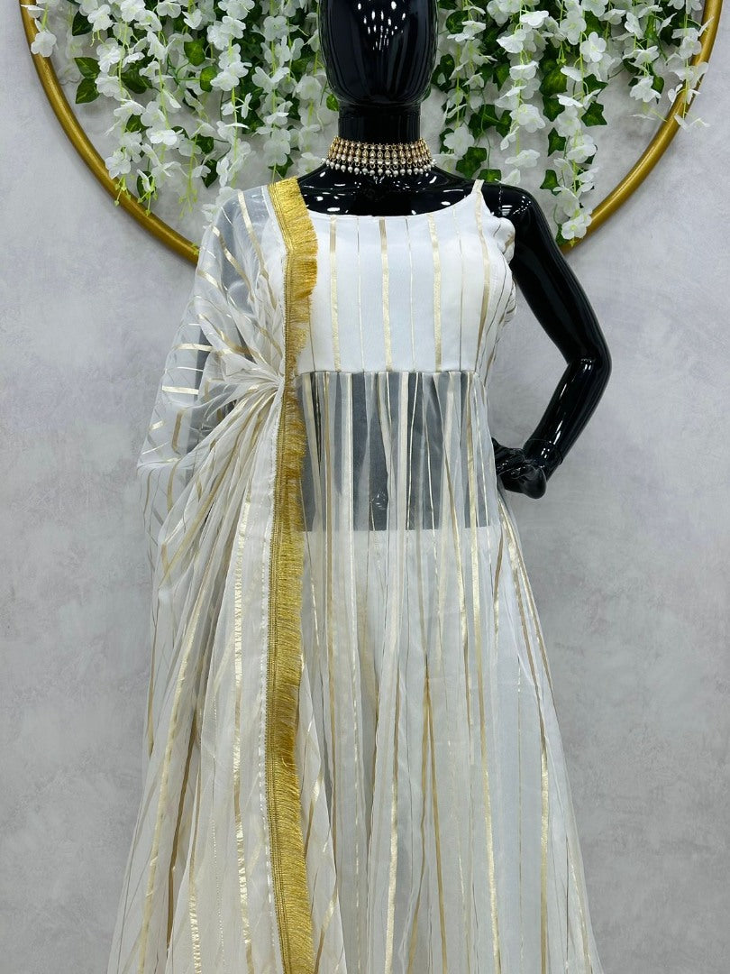 White organza foil work anarkali suit