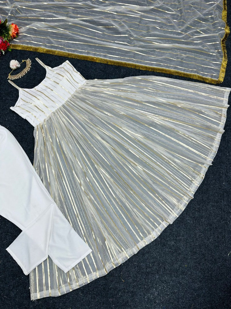 White organza foil work anarkali suit