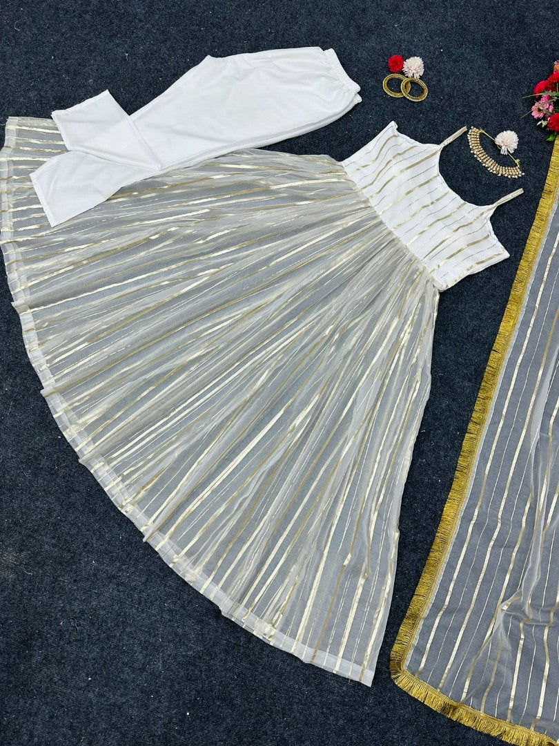 White organza foil work anarkali suit