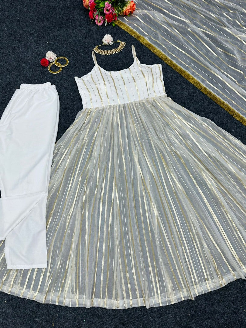 White organza foil work anarkali suit