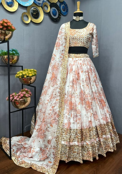 White organza heavy embroidered sequence work wedding lehenga choli