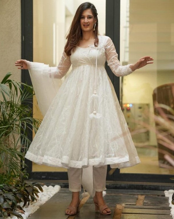 White organza sequence work anarkali frock suit