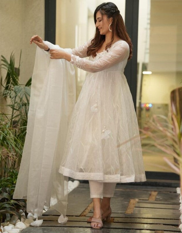 White organza sequence work anarkali frock suit