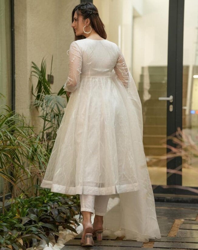 White organza sequence work anarkali frock suit