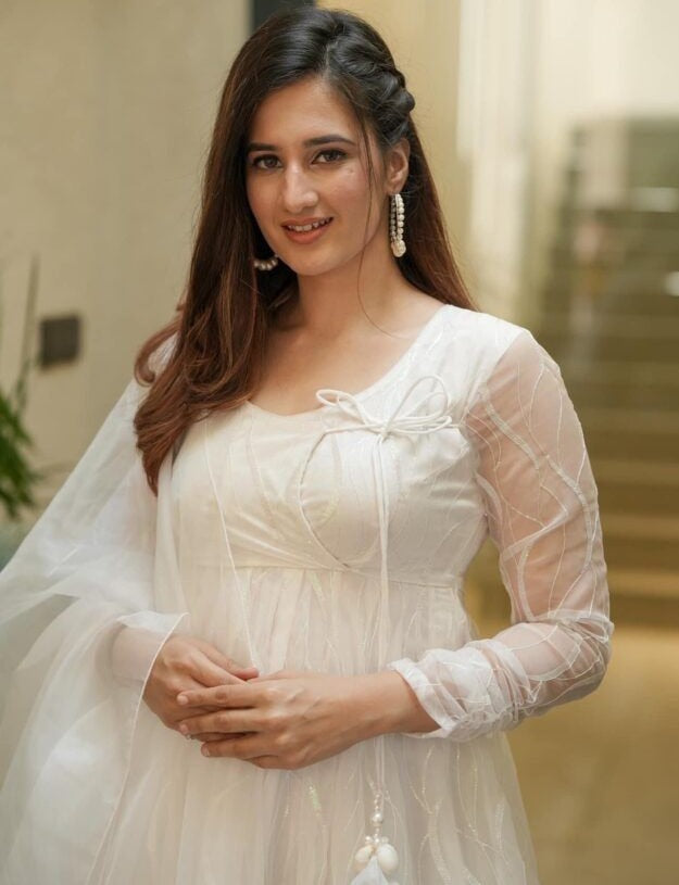 White organza sequence work anarkali frock suit