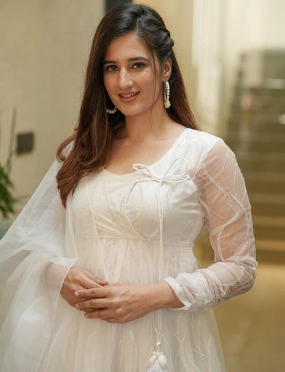 White organza sequence work anarkali frock suit