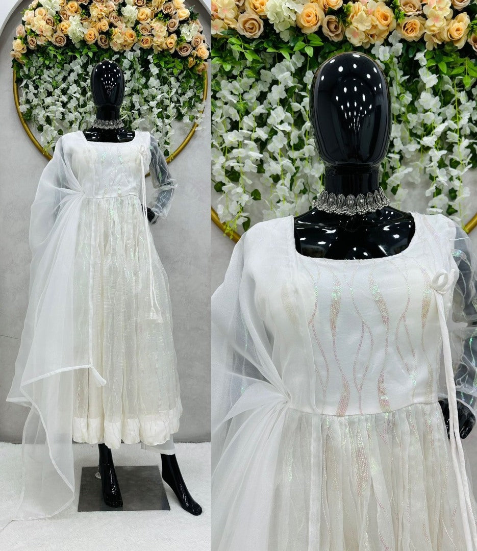 White organza sequence work anarkali frock suit