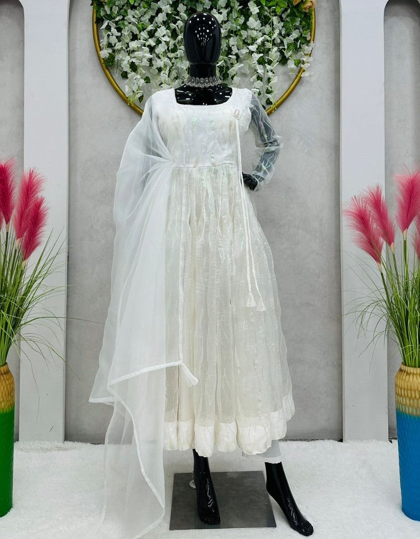 White organza sequence work anarkali frock suit