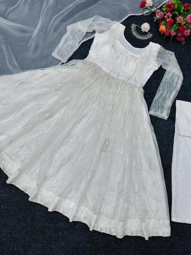 White organza sequence work anarkali frock suit