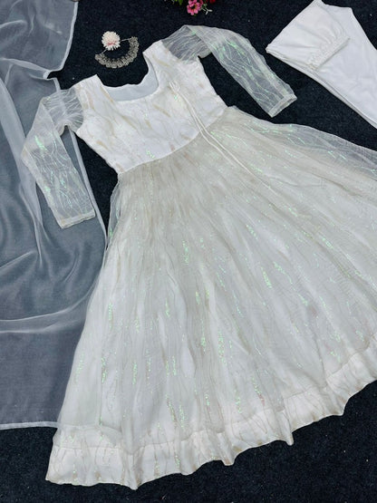 White organza sequence work anarkali frock suit