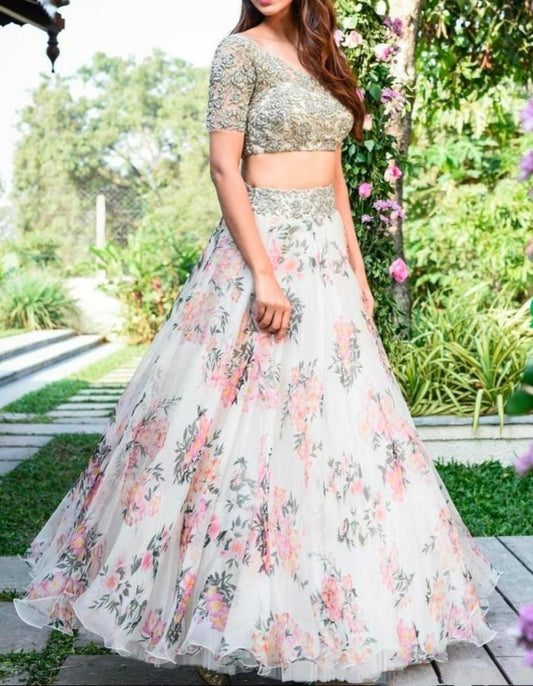 White organza silk digital floral printed lehenga choli
