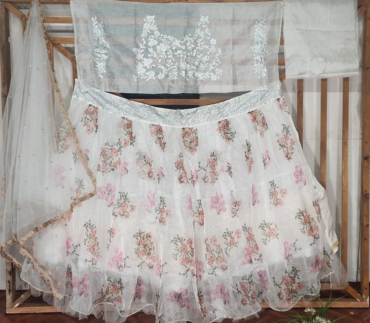 White organza silk digital floral printed lehenga choli