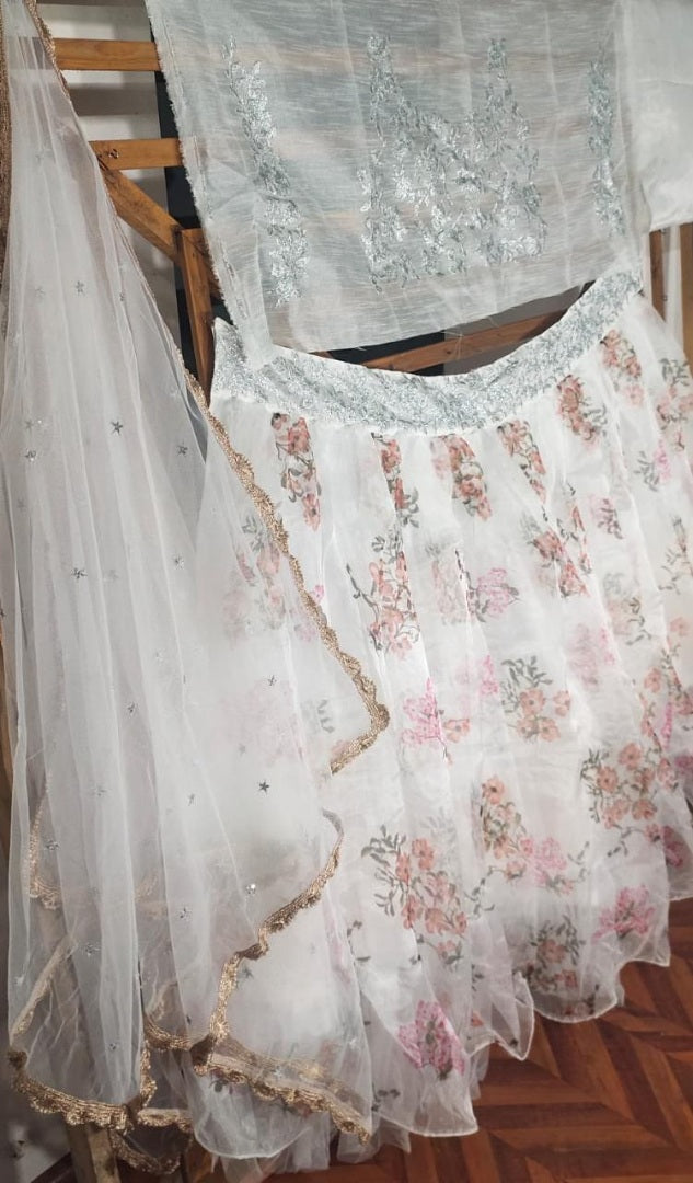 White organza silk digital floral printed lehenga choli