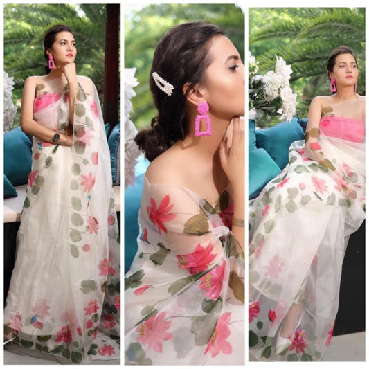 White organza silk digital floral printed saree
