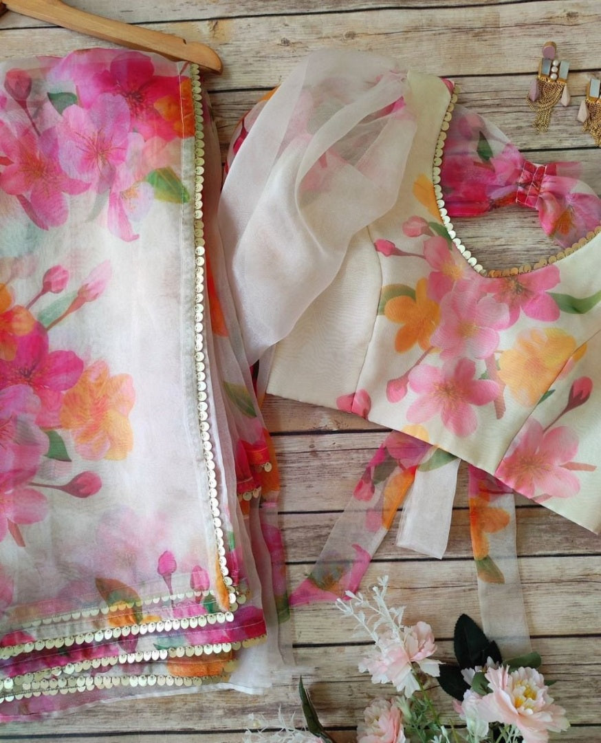 White organza silk floral printed ceremonial saree