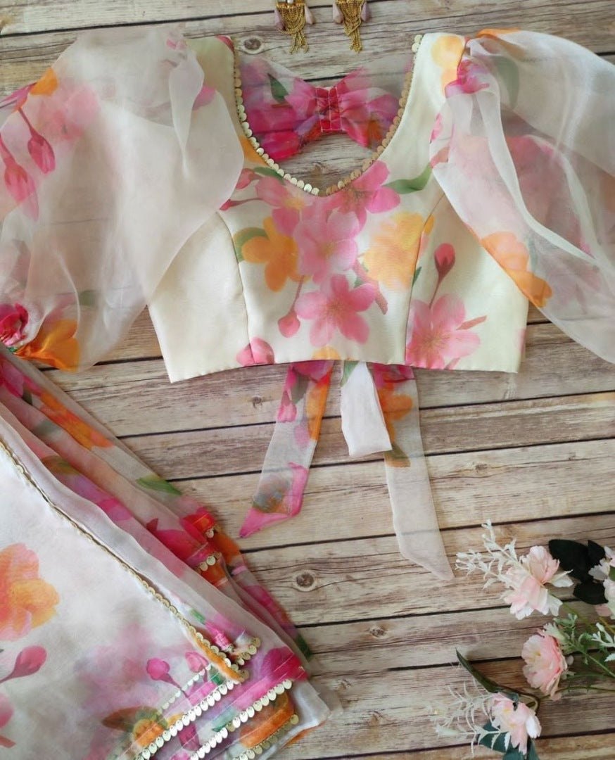 White organza silk floral printed ceremonial saree