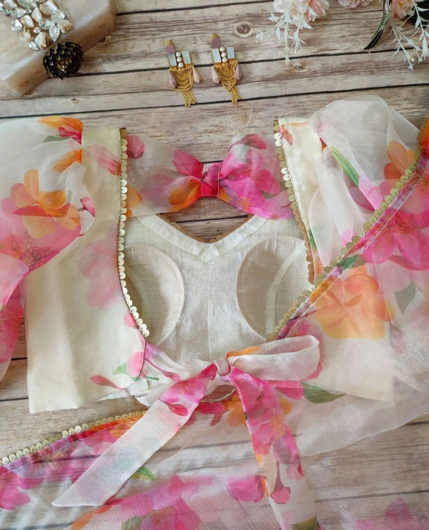 White organza silk floral printed ceremonial saree