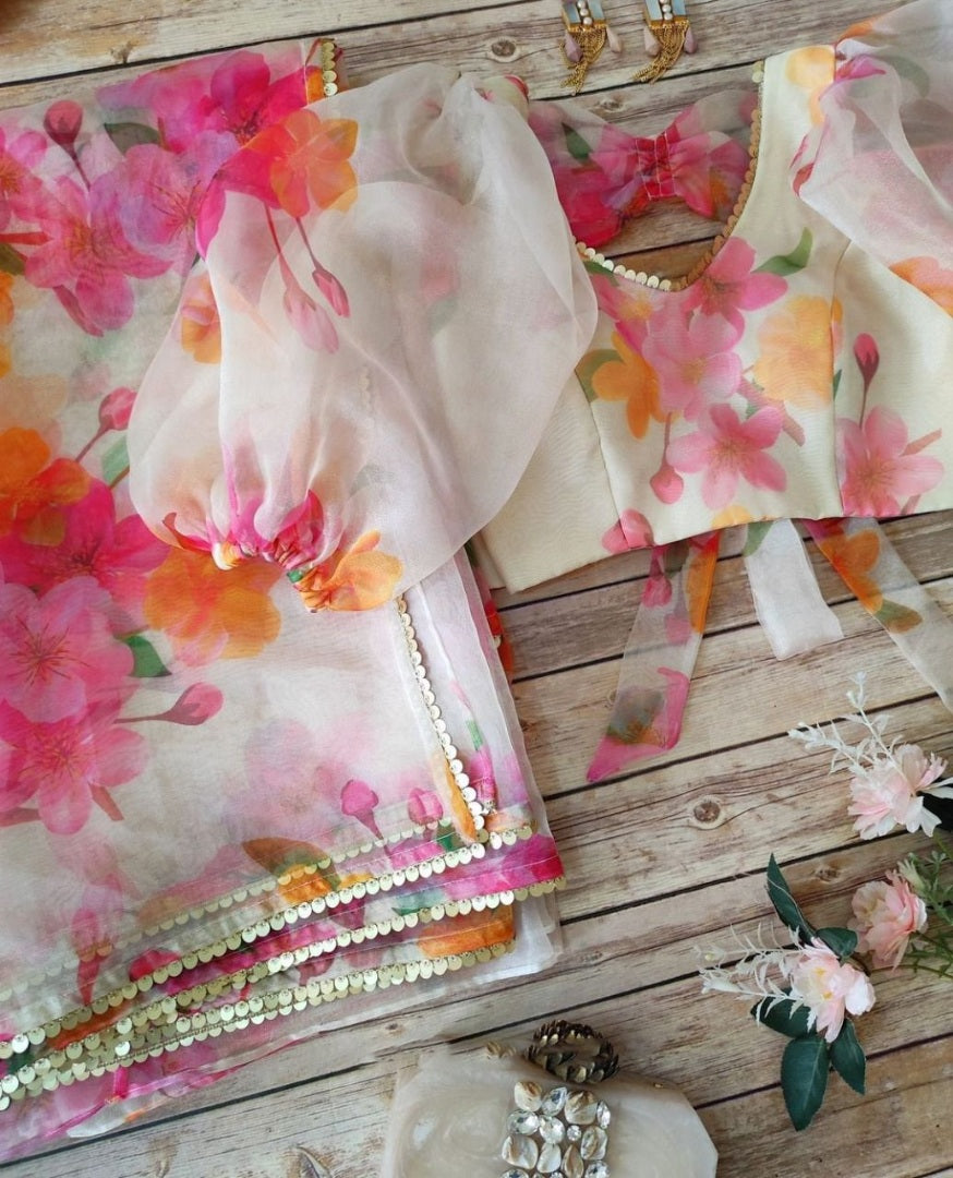 White organza silk floral printed ceremonial saree