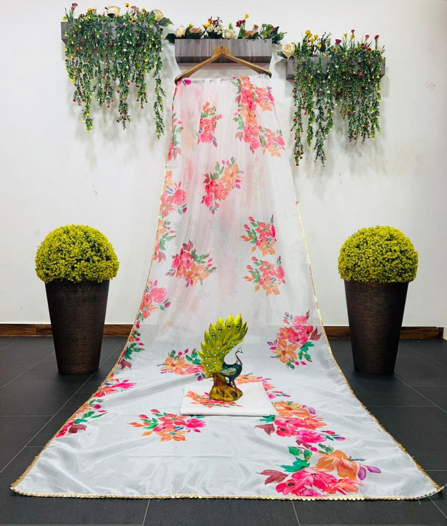 White organza silk floral printed ceremonial saree