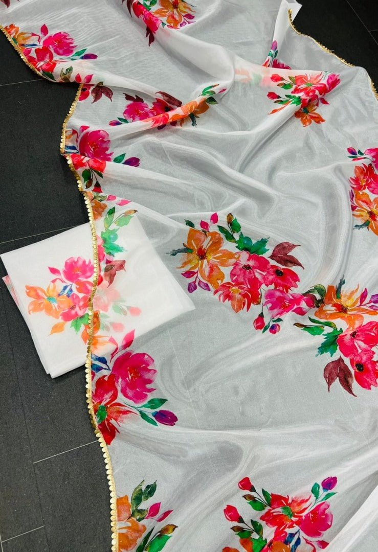 White organza silk floral printed ceremonial saree
