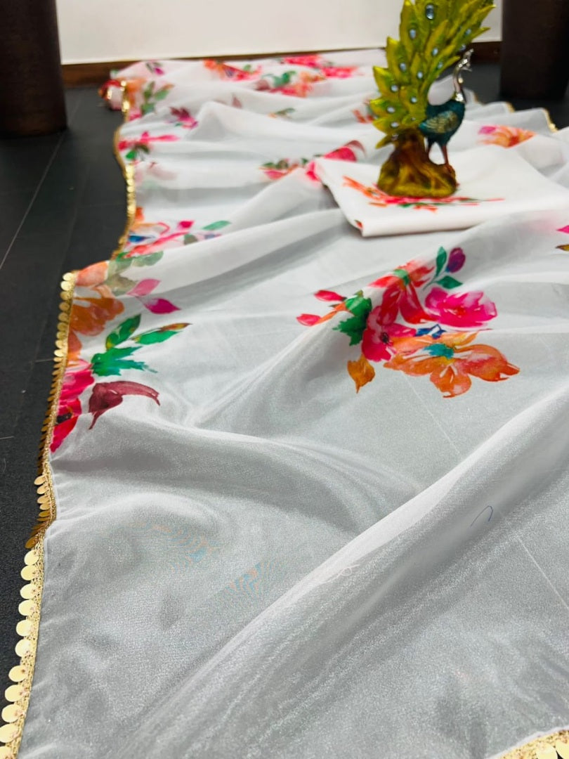 White organza silk floral printed ceremonial saree