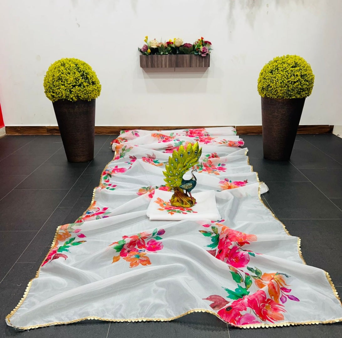 White organza silk floral printed ceremonial saree