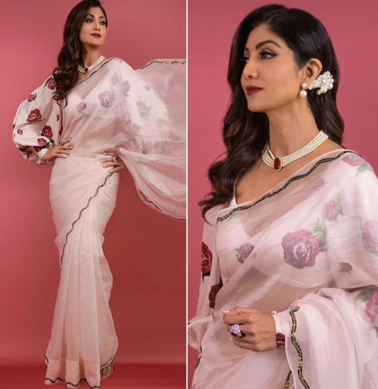 White organza silk handwork ceremonial wear saree