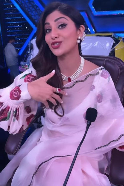 White organza silk handwork ceremonial wear saree