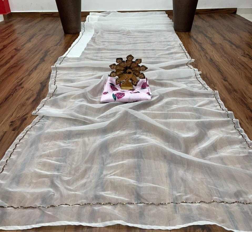 White organza silk handwork ceremonial wear saree