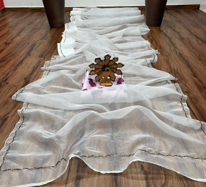 White organza silk handwork ceremonial wear saree