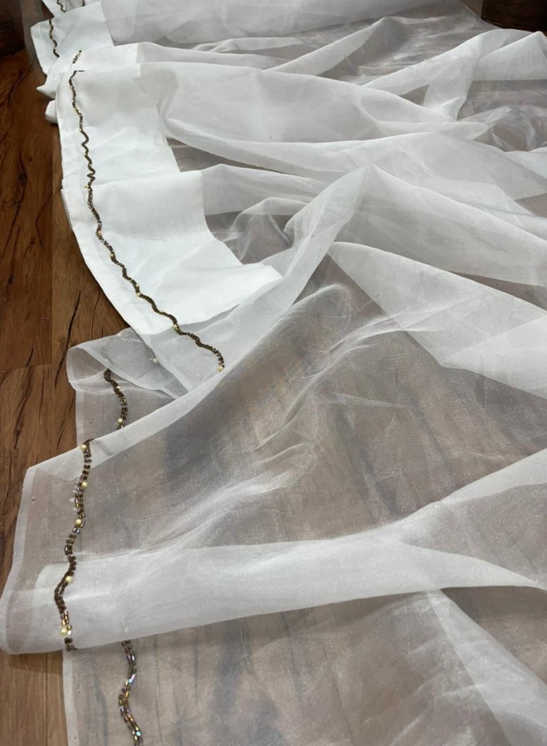 White organza silk handwork ceremonial wear saree