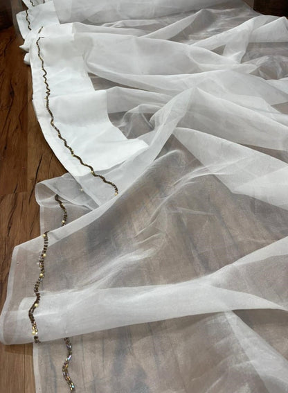 White organza silk handwork ceremonial wear saree