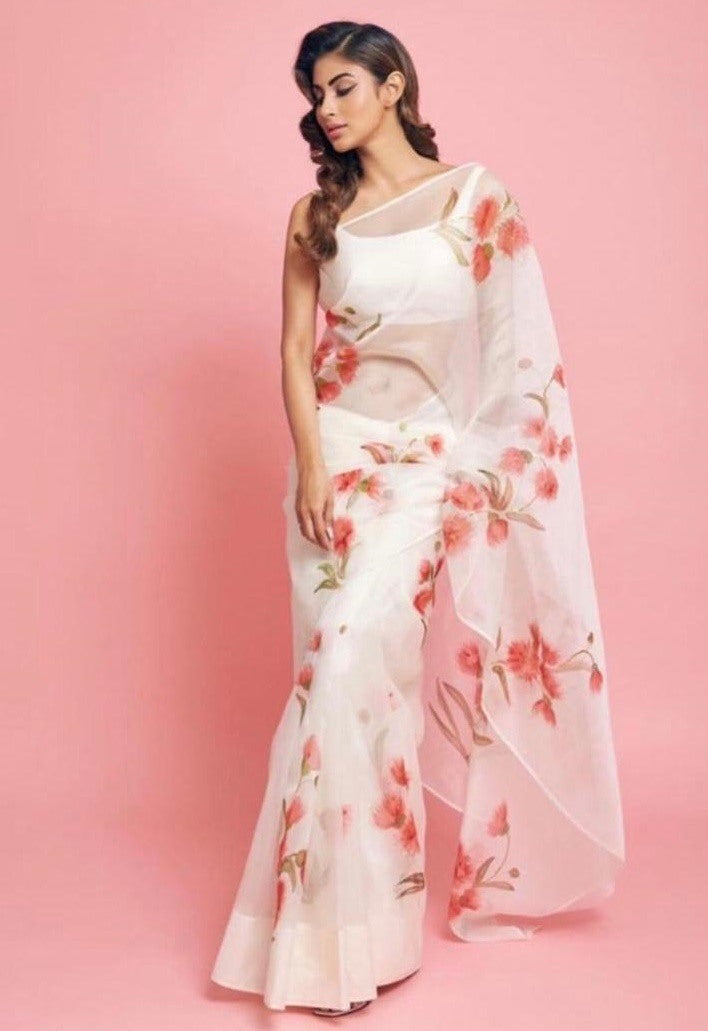 white organza silk red floral printed saree