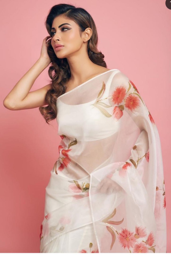 white organza silk red floral printed saree