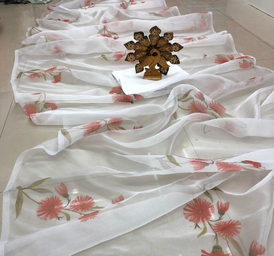 white organza silk red floral printed saree