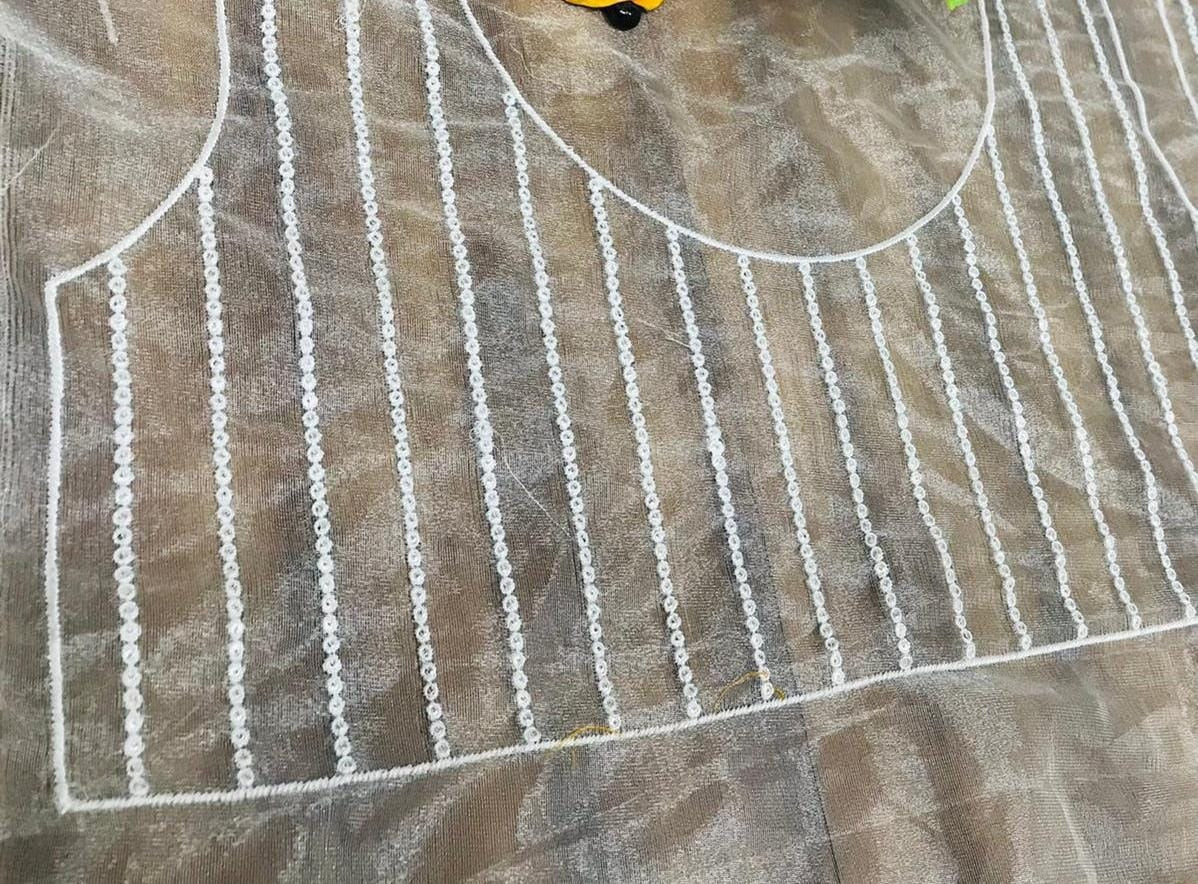 White organza silk zari embroidered and mirror work saree